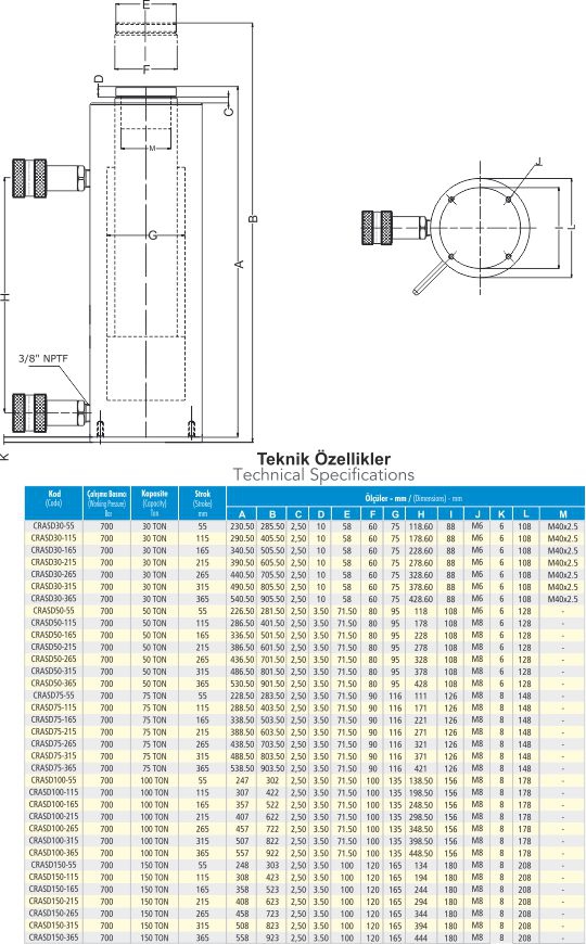 CRASD30-315 Hidrolik Çift Etkili Alüminyum Silindir 700 Bar 30 Ton