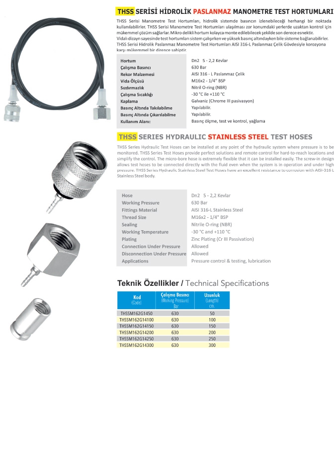 THSSM162G14100 DN2 Paslanmaz Manometre Test Hortumu M16x2-1/4” BSP - 100 CM 630 Bar